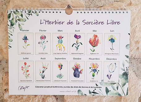 Page de couverture du Calendrier perpetuel Ecofeministe Herbier de la Sorciere Libre Aquarelle et Poesie CatMat dec 2025